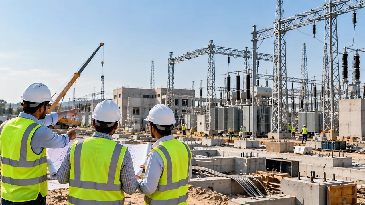 Engineers reviewing drawings on a substation construction site