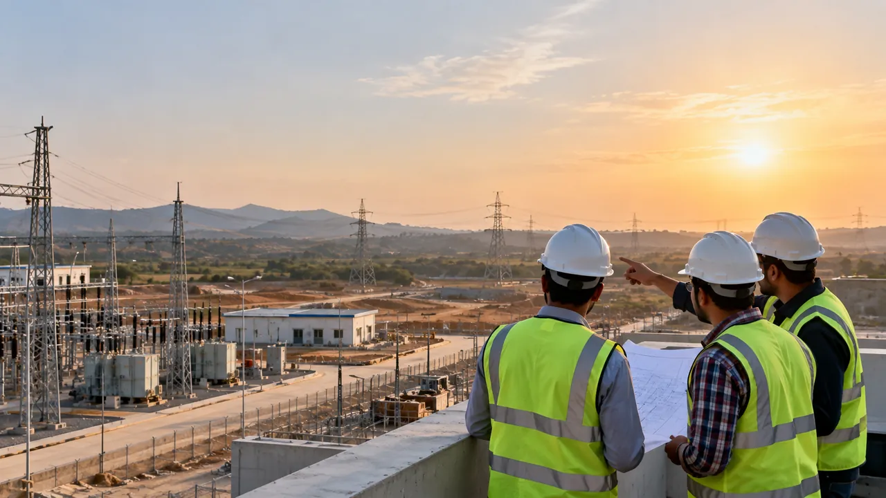 Engineers overlooking a substation under construction