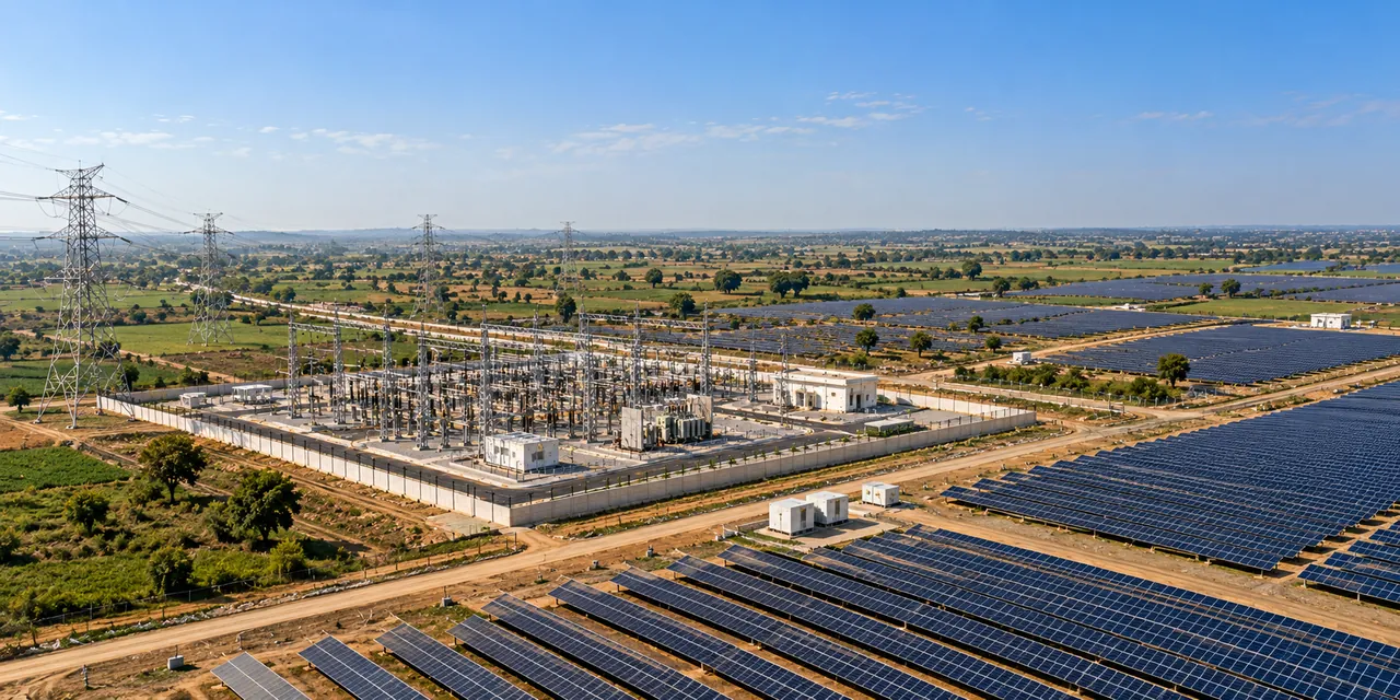 Solar plant, pooling substation and transmission lines across open country