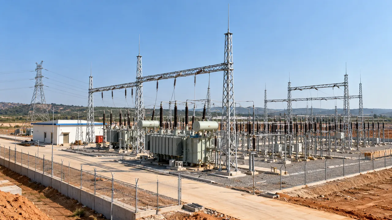 High-voltage switchyard with transformer and gantries