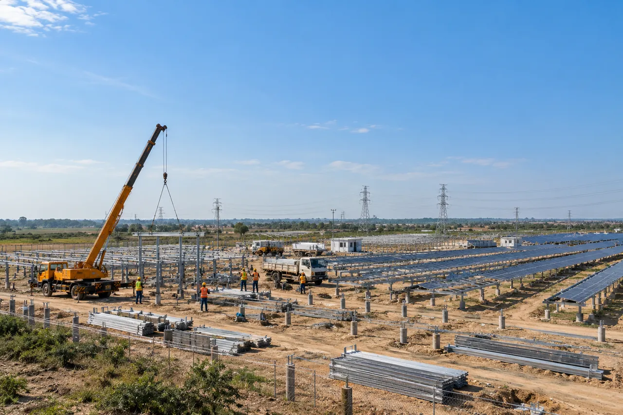 Utility-scale solar plant under construction: mounting structures, modules and a crane