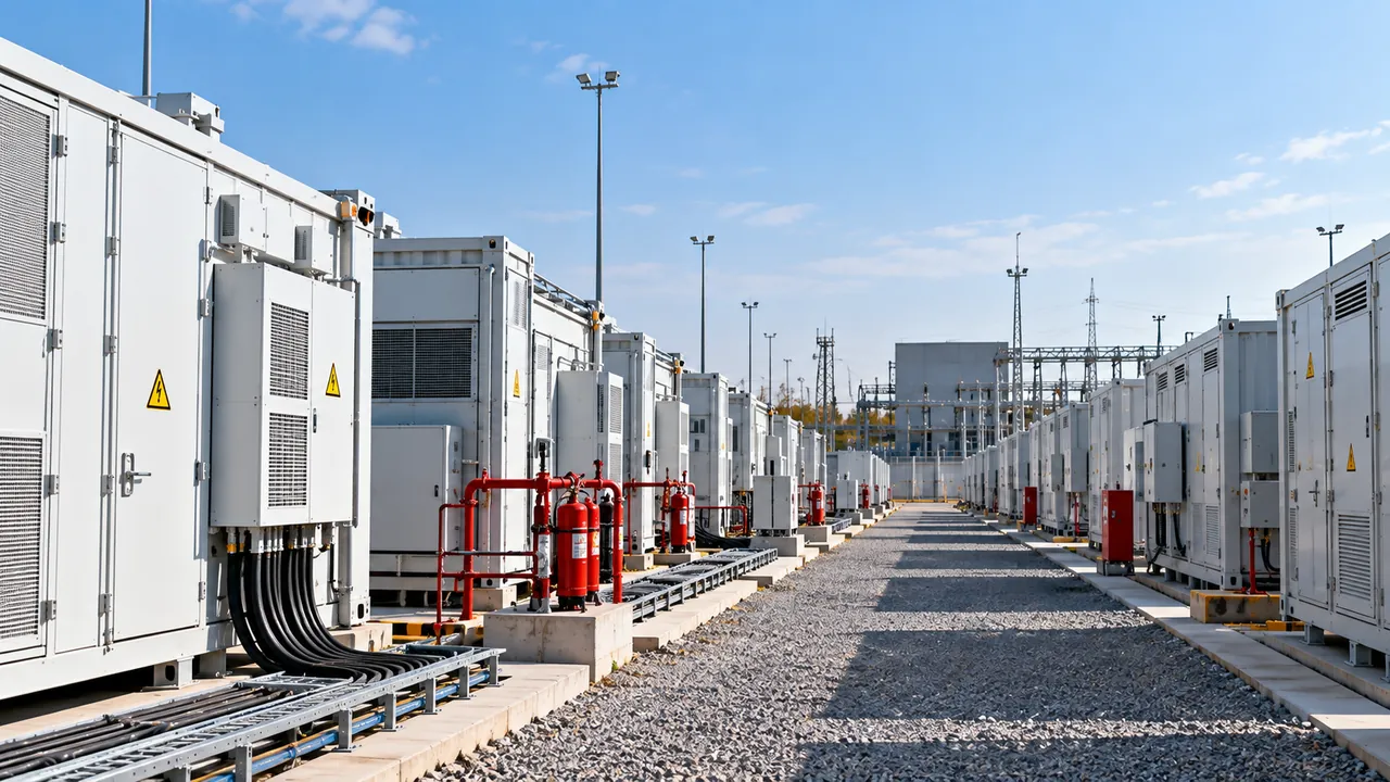 Battery energy storage containers and power conversion units along a service aisle